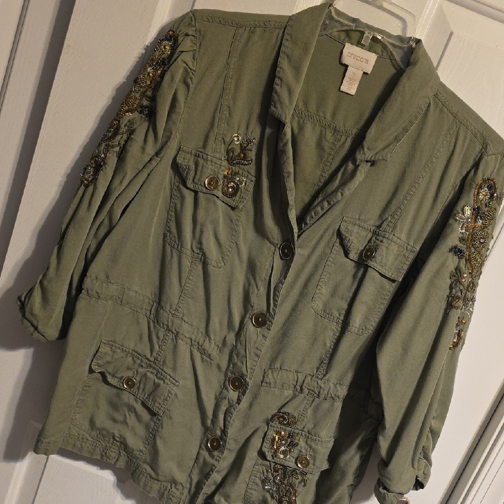 Chico's Olive Embroidered Utility Jacket